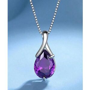 Teardrop Amethyst Purple Crystal Silver Pendant Necklace Gemstone Charm Elegant
